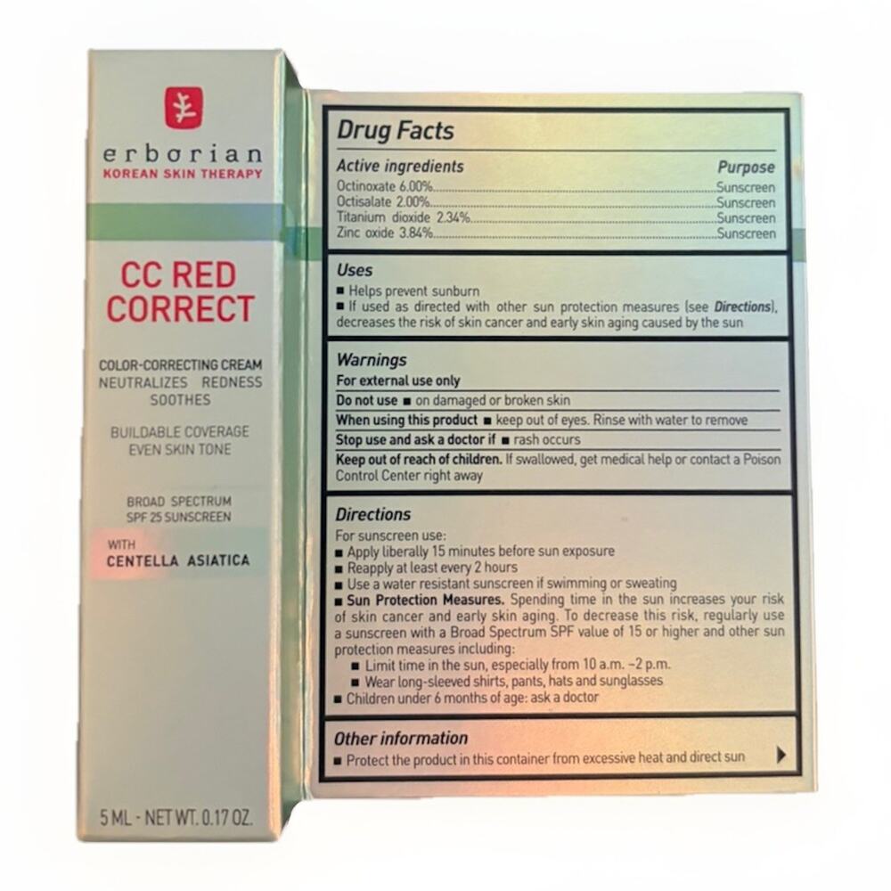 Erborian CC Red Correct 5ml Korean Skincare Color Correct Cream SPF25 Centella